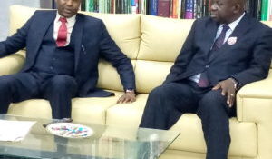 Minister of Justice, Abubakar Malami, during a courtesy visit to the President, National Industrial Court of Nigeria, Benedict Kanyip, in his office in Abuja.