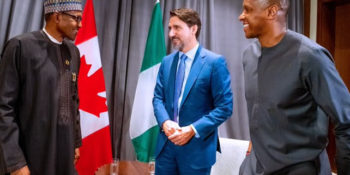 President Buhari and Canadian Prime Minister Justin Trudeau with Nigerian-born basketball executive, Masai Ujiri