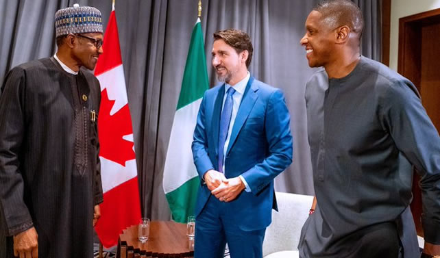 President Buhari and Canadian Prime Minister Justin Trudeau with Nigerian-born basketball executive, Masai Ujiri