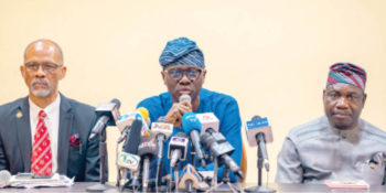 L-R: Lagos Commissioner for Health, Prof Akin Abayomi; Governor Babajide Sanwo-Olu and Commissioner for Information and Strategy, Mr. Gbenga Omotoso, during a press briefing on the first case of Coronavirus in the State at Lagos House, Marina, on Friday.