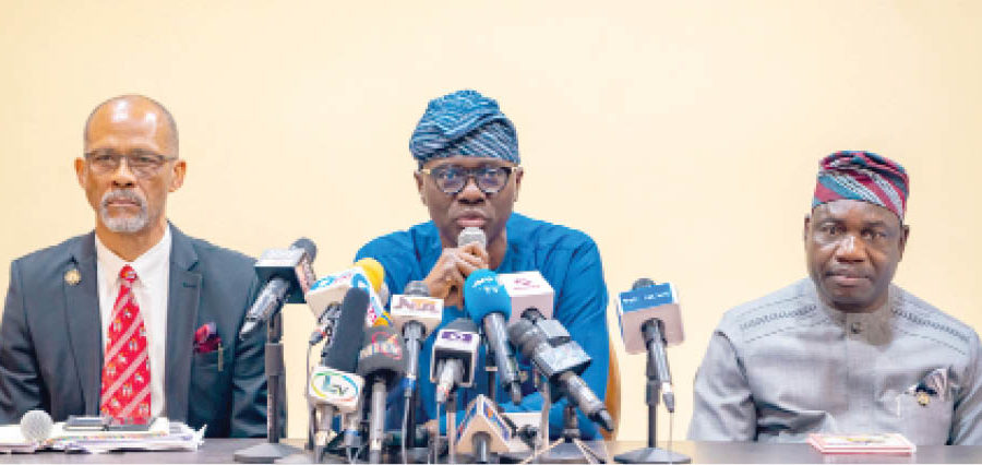 L-R: Lagos Commissioner for Health, Prof Akin Abayomi; Governor Babajide Sanwo-Olu and Commissioner for Information and Strategy, Mr. Gbenga Omotoso, during a press briefing on the first case of Coronavirus in the State at Lagos House, Marina, on Friday.