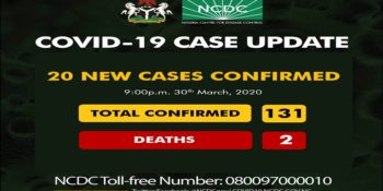 131 confirmed cases of coronavirus disease (COVID-19) in Nigeria