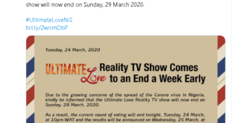 Ultimate Love Reality TV show will now end on Sunday, 29 March 2020
