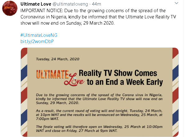 Ultimate Love Reality TV show will now end on Sunday, 29 March 2020