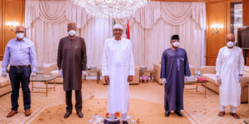 L-R: Director General, Nigeria Centre for Disease Control, Dr Chikwe Ihekweazu; Secretary to the Government of the Federation and Chairman, Presidential Task Force on Control of COVID-19, Boss Mustapha; President, Maj Gen. Muhammadu Buhari(retd); Minister of Health, Osagie Ehanire, during a meeting on control of Covid-19, in Abuja.