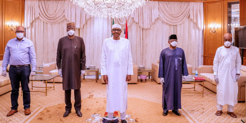 L-R: Director General, Nigeria Centre for Disease Control, Dr Chikwe Ihekweazu; Secretary to the Government of the Federation and Chairman, Presidential Task Force on Control of COVID-19, Boss Mustapha; President, Maj Gen. Muhammadu Buhari(retd); Minister of Health, Osagie Ehanire, during a meeting on control of Covid-19, in Abuja.