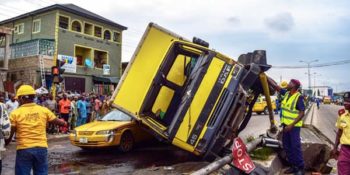 Six passengers were killed on Tuesday, March 31st, 2020 in Lagos, when a truck fell on a fully-loaded taxi.