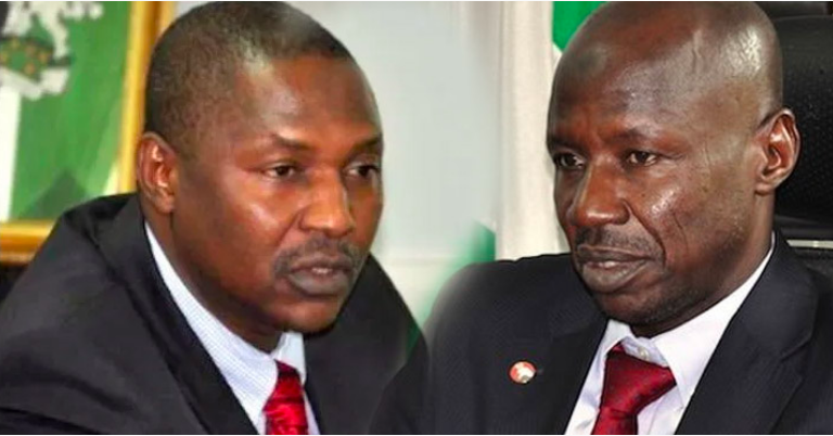 Attorney General of the Federation and Minister of Justice, Abubakar Malami (SAN), and the suspended EFCC Acting Chairman, Ibrahim Magu