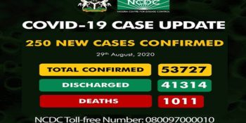 As of Saturday, August 29th, 2020 there are 53,727 confirmed coronavirus cases in Nigeria. 41,314 patients have been discharged, with 1,011 deaths.