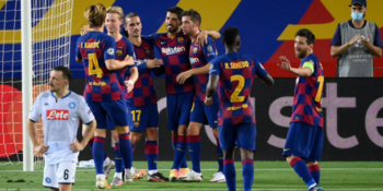 Barcelona celebrate a goal against Napoli on August 8th, 2020