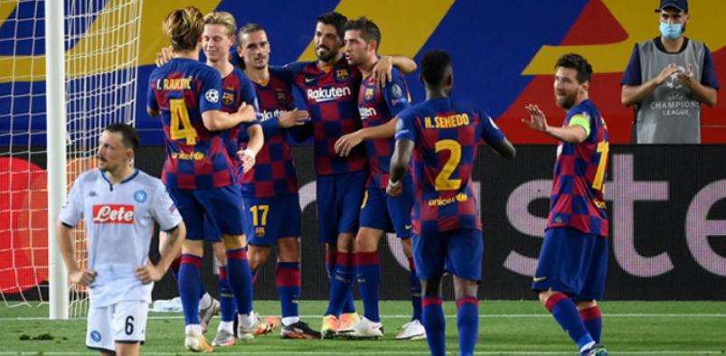 Barcelona celebrate a goal against Napoli on August 8th, 2020