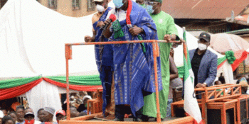 Candidate of the Peoples Democratic Party (PDP) and Edo State Governor, Mr. Godwin Obaseki, addressing supporters in Akoko-Edo Local Government Area