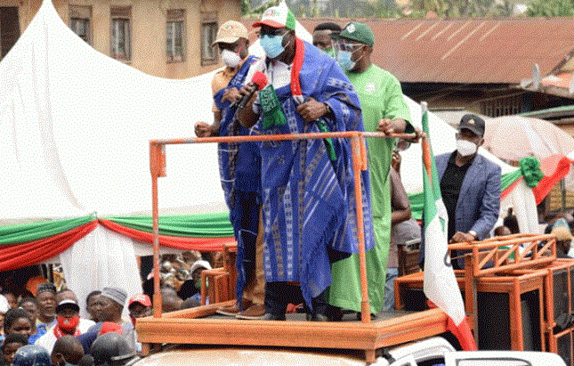 Candidate of the Peoples Democratic Party (PDP) and Edo State Governor, Mr. Godwin Obaseki, addressing supporters in Akoko-Edo Local Government Area