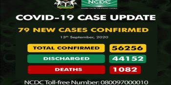 As of Sunday, September 13th, 2020 there are 56,256 confirmed coronavirus cases in Nigeria. 44,152 patients have been discharged, with 1,082 deaths.