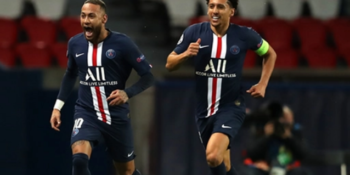 Paris Saint-Germain's Brazilian forward Neymar (L) celebrating with Paris Saint-Germain's Brazilian defender Marquinhos after scoring a goal during the UEFA Champions League round-of-16 second leg football match between Paris Saint-Germain (PSG) and Borussia Dortmund at the Parc des Princes stadium in Paris.