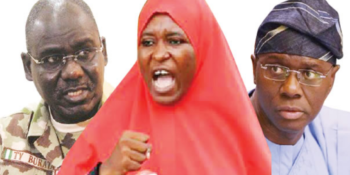 The Chief of Army Staff, Lieutenant General Tukur Buratai; activist, Aisha Yesufu and Governor Babajide Sanwo-Olu of Lagos State