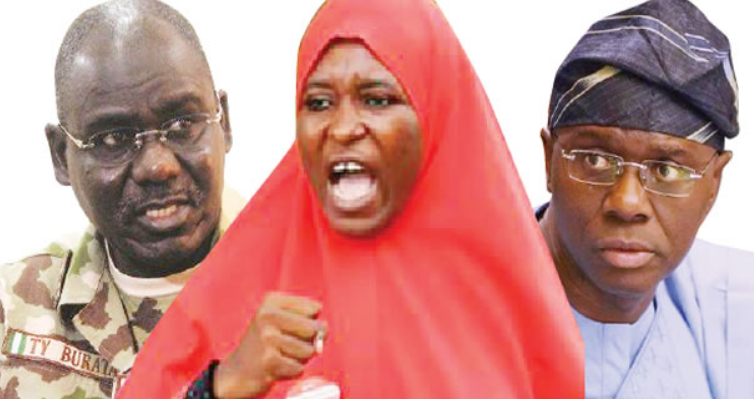 The Chief of Army Staff, Lieutenant General Tukur Buratai; activist, Aisha Yesufu and Governor Babajide Sanwo-Olu of Lagos State