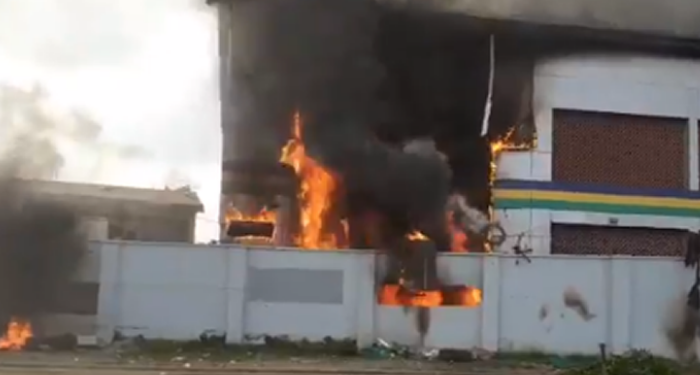 A police station set ablaze by hoodlums