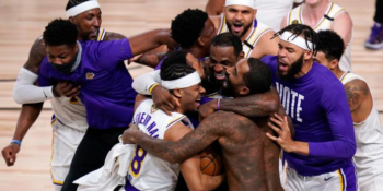 The Los Angeles Lakers celebrate after defeating the Miami Heat 106-93 in Game 6 of the NBA Finals, winning the franchise's 17th title.