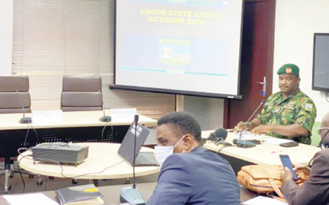 The Commander of 81 Military Intelligence Brigade, Victoria Island, Lagos, Brig.- Gen. Ahmed Taiwo during the Army’s defence at the venue of the probe into the alleged shooting of #EndSARS protesters by soldiers on the night of October 20 at the Lekki tollgate in Lagos