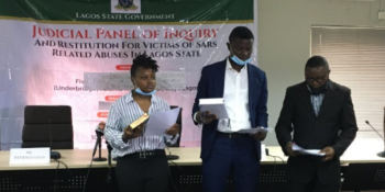 From Left to Right: Oduala and Majekodunmi being sworn in by an official as youth members of the Judicial Panel of Inquiry set up by the Lagos State Government to probe police brutality and Lekki shootings