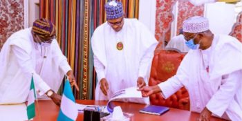 From left: Gov Babajide Sanwo-Olu of Lagos; President Muhammadu Buhari and Chief of Staff to the President, Prof Ibrahim Gambari going through the report on the #EndSARS protest presented by Gov Sanwo-Olu during his visit to the Presidential Villa in Abuja Friday, November 6th, 2020