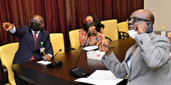 Deputy Chief of Staff to the President Office of the Vice President, Ade Ikpaye ( R), and Senior Special Assistant to the President on Media and Publicity , Mr Laolu Akande (L ), during a virtual meeting with Schools Proprietors on MSMEs Survival Fund, at the Presidential Villa in Abuja on Monday