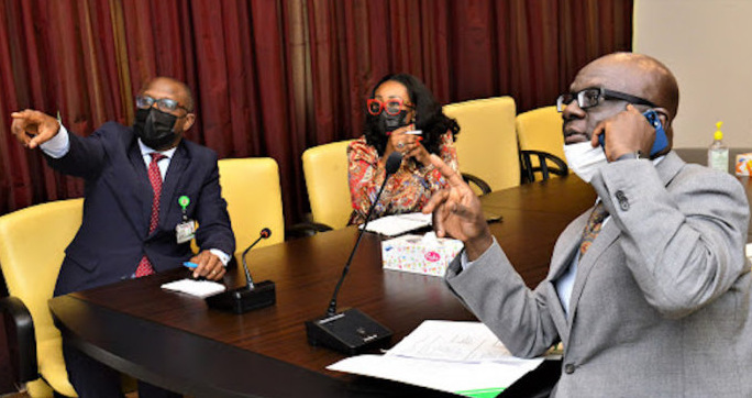 Deputy Chief of Staff to the President Office of the Vice President, Ade Ikpaye ( R), and Senior Special Assistant to the President on Media and Publicity , Mr Laolu Akande (L ), during a virtual meeting with Schools Proprietors on MSMEs Survival Fund, at the Presidential Villa in Abuja on Monday