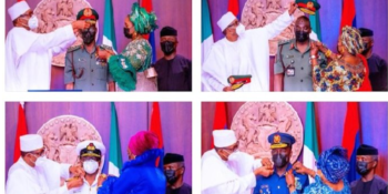 President Muhammadu Buhari with the Chief of Defence Staff (CDS), General Lucky Irabor and the three service chiefs.