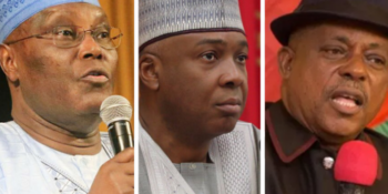 Left to Right: Former Vice President Atiku Abubakar; former President of the Senate, Dr. Abubakar Bukola Saraki, and the National Chairman of the Peoples Democratic Party (PDP), Prince Uche Secondus