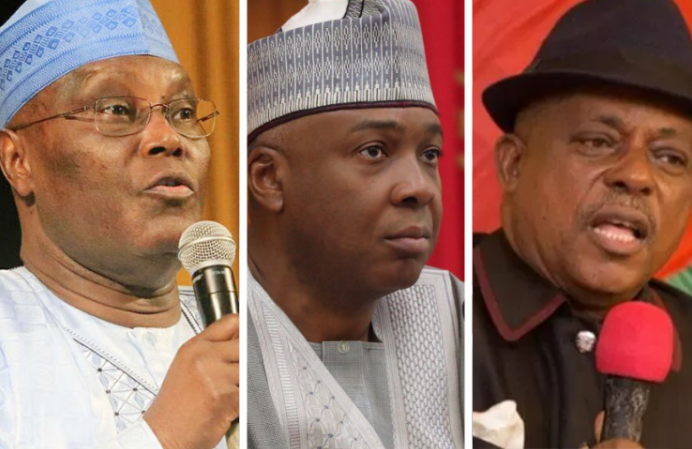 Left to Right: Former Vice President Atiku Abubakar; former President of the Senate, Dr. Abubakar Bukola Saraki, and the National Chairman of the Peoples Democratic Party (PDP), Prince Uche Secondus