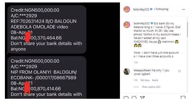 Bobrisky’s bank account balance of over N1Billion