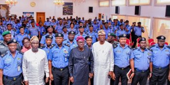 Governor Babajide Sanwo-Olu of Lagos State with police officers