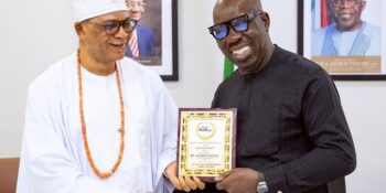 Edo State Governor, Mr. Godwin Obaseki (right), with the National President of the Manufacturers’ Association of Nigeria (MAN), Otunba Francis Meshioye, during a courtesy visit, at the Government House, Benin City.