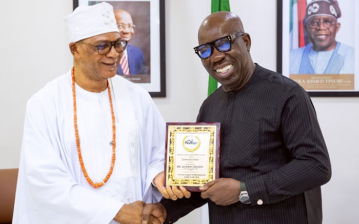 Edo State Governor, Mr. Godwin Obaseki (right), with the National President of the Manufacturers’ Association of Nigeria (MAN), Otunba Francis Meshioye, during a courtesy visit, at the Government House, Benin City.